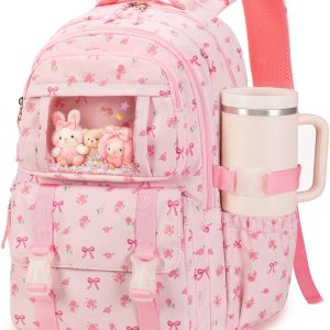 Multi-Compartment Kids Backpack for Girls, Cute Pink Bow School Backpack, Side Pocket Fits 40 oz Tumbler, Girls Bookbag for Elementary Middle School