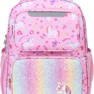 Kids Backpack for Girls Kindergarten - 15 Inch Lightweight School Bookbag Fits Folder, Unicorn Backpack for Kids 4-7 with Leakproof Insulated Pocket for Lunch and Snacks, Pink
