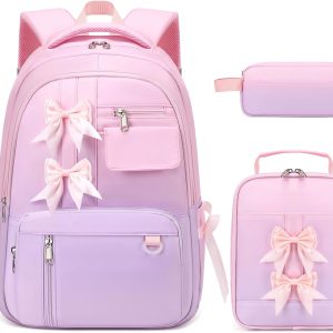 Backpack for Girls, Bow School Backpack for Kids with Lunch Bag & Pen Case, Cute Bookbag for Teens Girls Children for Elementary Middle High College Student, Back To School Gift (Pink Purple)