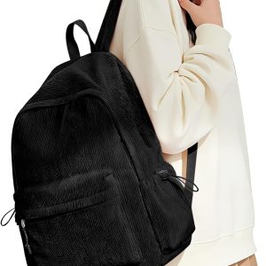 Black Corduroy Backpack for Women Men Cute College Backapck Aesthetic Backpack Preppy Backpacks Laptop Bags Women Commuter Back Pack Travel Backapck Casual Work Daypack Rucksack
