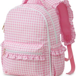 Kids Backpack for Girls, 15" Ruffled Backpack for School Kindergarten Bookbag 5-8, Fully Opened Compartment (Pink Gingham)