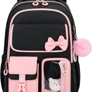 Girls Backpack, School Backpack for Girls, Cute Bow Kids Bookbag for Grils Children Teens for Elementary Middle High School Student, Back To School, Black Pink