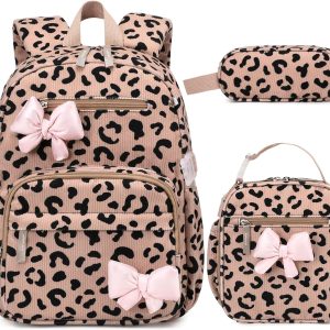 Corduroy Toddler Backpack for Kids 5-8, Kids backpack for Boys Girls with Lunch Box & Pencil Case - 15inch Kids Bookbag for School Preschool Kindergarten Daycare Daypack(Leopard Print)