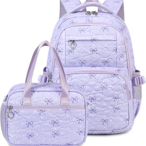Girls Backpack Set with Bows Heart-shaped Lightweight Schoolbags for Girl Children Spacious Bookbag Waterproof(purple-2)