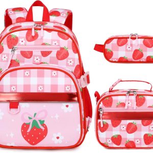 Toddler Backpack for Girls Ages 5-8, 3PCS Girls Backpack with Lunch Bag & Pencil Case - 15inch Kids School Bookbag for Preschool Kindergarten Elementary School (Strawberry)