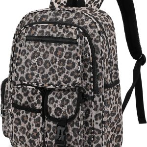 Mesh Backpacks for School, Heavy Duty Breathable See Through Bookbag for Women Girls Boys Kids, Large Capacity Mesh bag for Beach Swimming Gym Work Travel- Leopard Brown