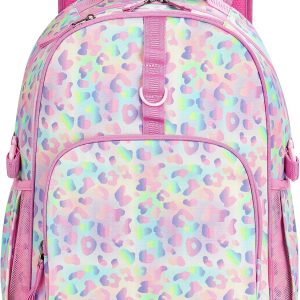Kids Backpack for Girls Cheetah Backpack Kids Elementary School Backpack for Girls Ages 6-8 Kid Bookbag 17 Inch with Chest Strap, Pink Purple